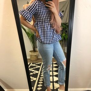 Blue and white gingham peplum top